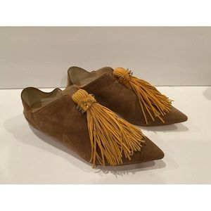 Christian Louboutin suede flat slippers slip on brown fringe studded 34